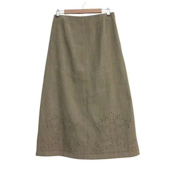 Talbots Maxi Skirt Size 10 Olive Green Perforated Boho Stretch A-Line Festival - Picture 1 of 14